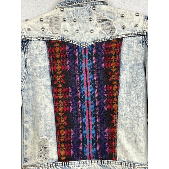 Vintage ChiQle Denim Architect Y2K Distressed Southwestern Jean Jacket Size S - Picture 6 of 8